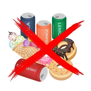 18432975 - no fast food, an illustration of forbidden or prohibition sign on different types of sweet food, soda drink, donuts and ice cream
